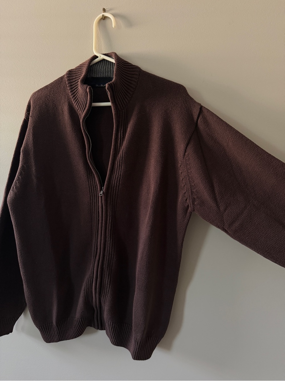 Men's Dark Brown Full-Zip Ribbed Collar Sweater